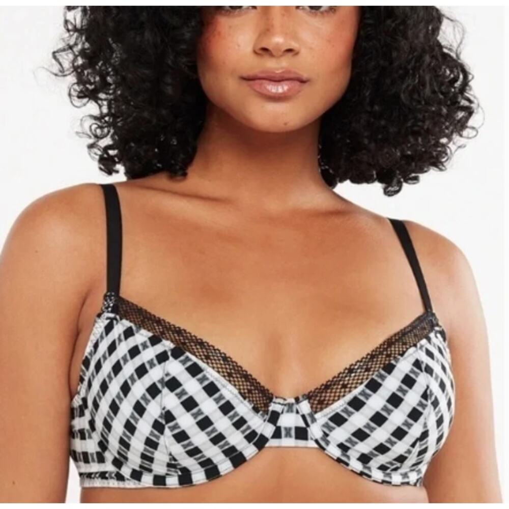 Savage X Fenty Gingham Unlined Plunge Bra Black White Plaid Checked 32C Fishnet